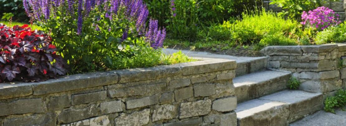 Steps with a retaining wall and flowers